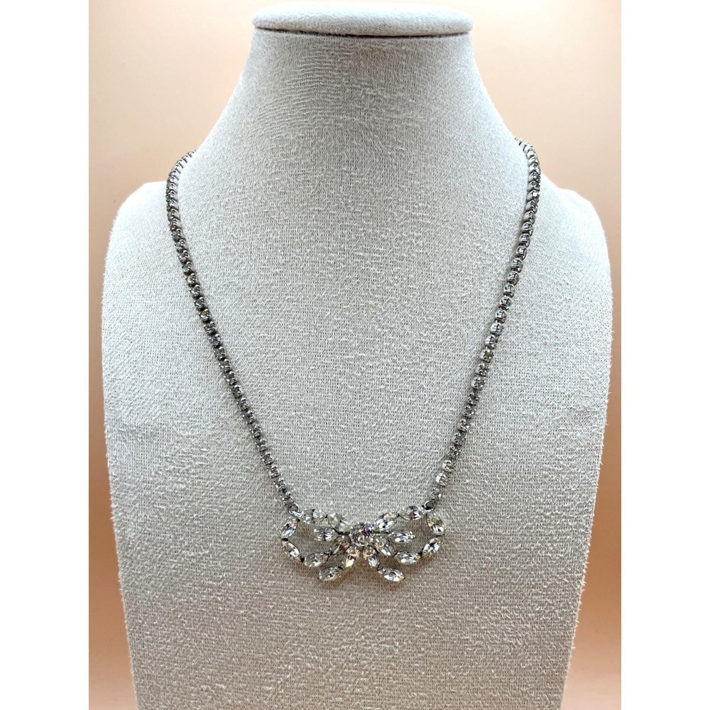 Sherman Vintage Rhinestone Bow Necklace Clear Crystal Silver Tone Signed MCM